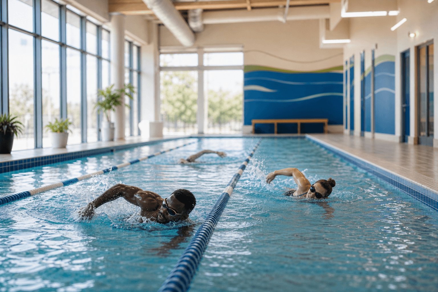 Adults Swimming Laps In Indoor Pool